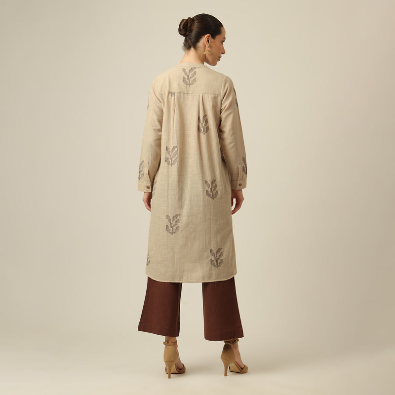 Sofia Set Of 2 - Pleated Tunic & Long-Leg Pants - Greige & Coffee With Embroidery