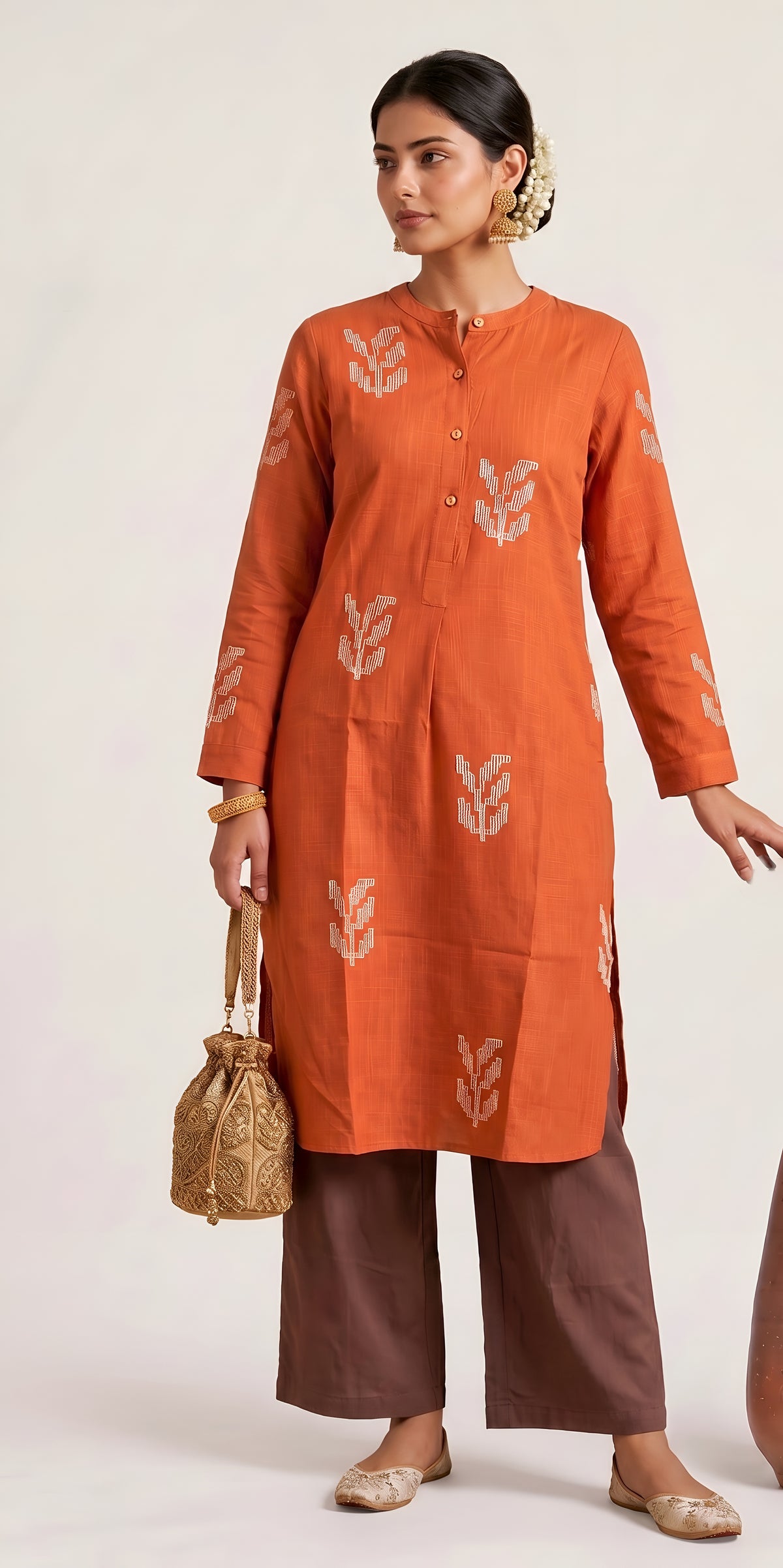 Pleated Tunic - Autumn Rust With Embroidery