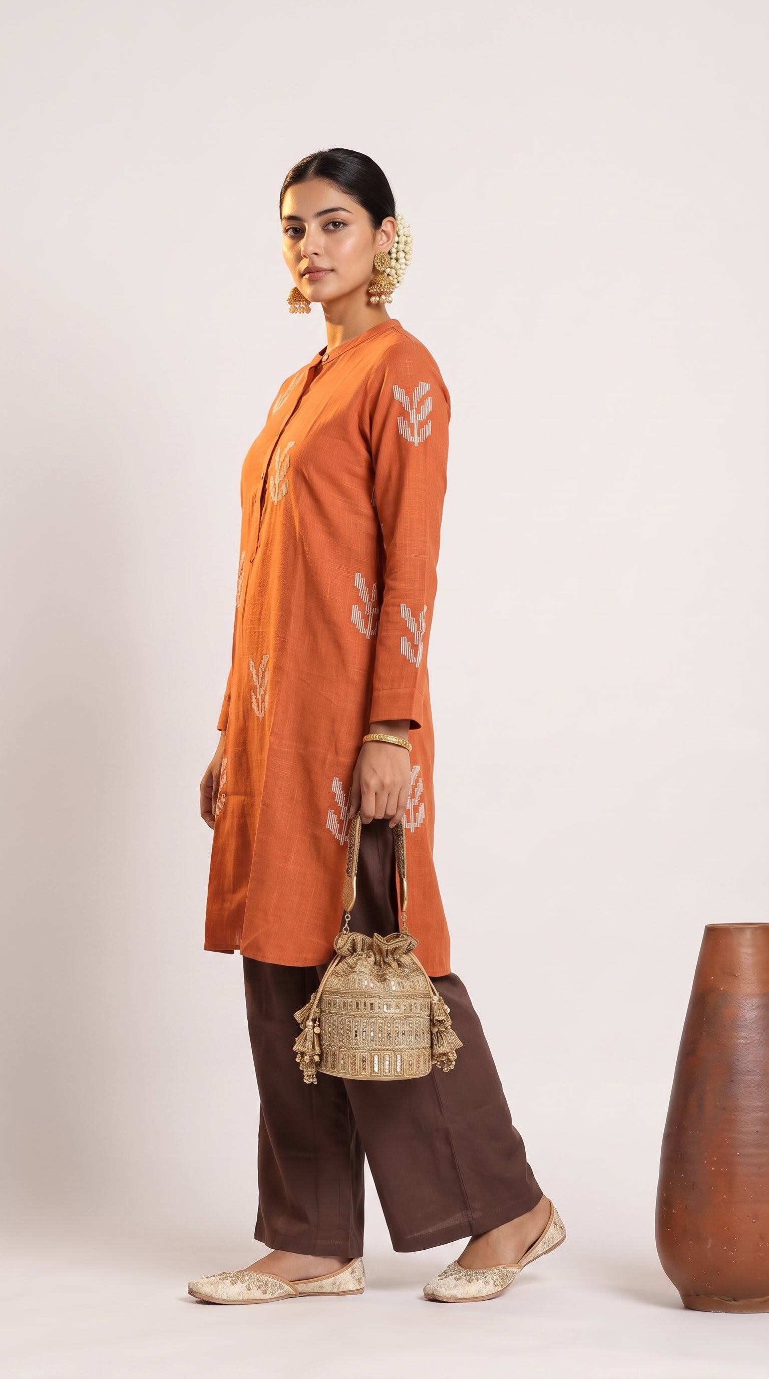 Pleated Tunic - Autumn Rust With Embroidery