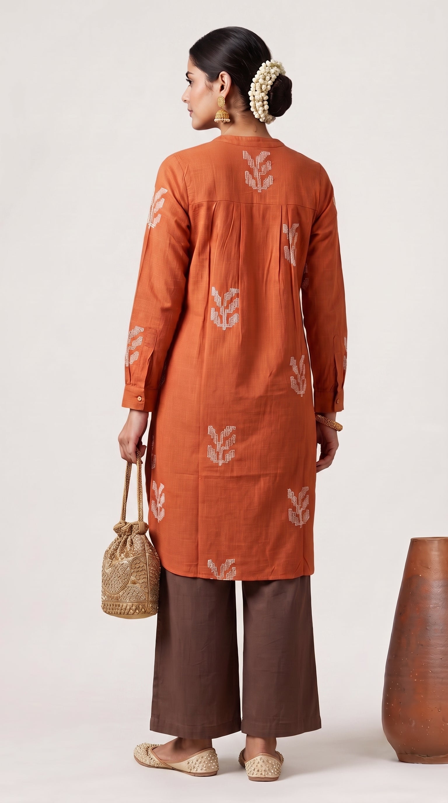 Pleated Tunic - Autumn Rust With Embroidery