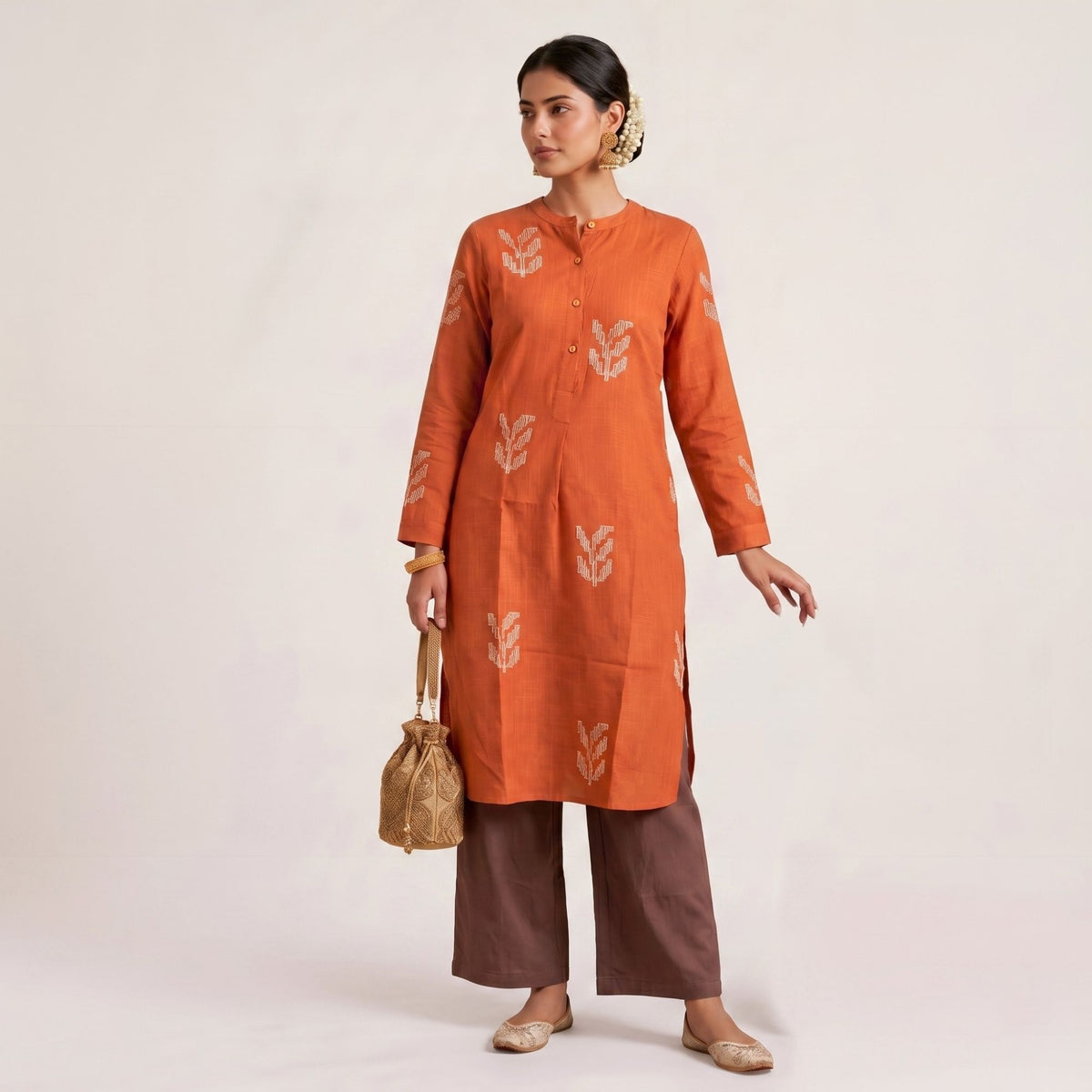 Sofia Set Of 2 - Pleated Tunic & Long-Leg Pants - Orange & Coffee With Embroidery