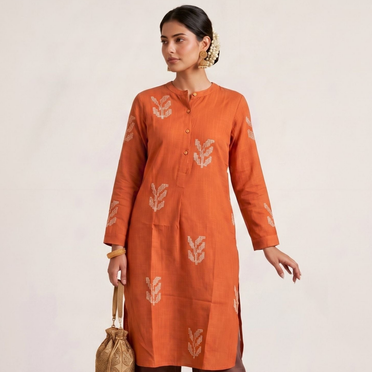 Pleated Tunic - Autumn Rust With Embroidery