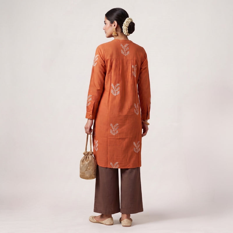 Sofia Set Of 2 - Pleated Tunic & Long-Leg Pants - Orange & Coffee With Embroidery
