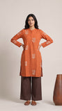 Sofia Set Of 2 - Pleated Tunic & Long-Leg Pants - Orange & Coffee With Embroidery