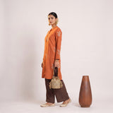 Sofia Set Of 2 - Pleated Tunic & Long-Leg Pants - Orange & Coffee With Embroidery
