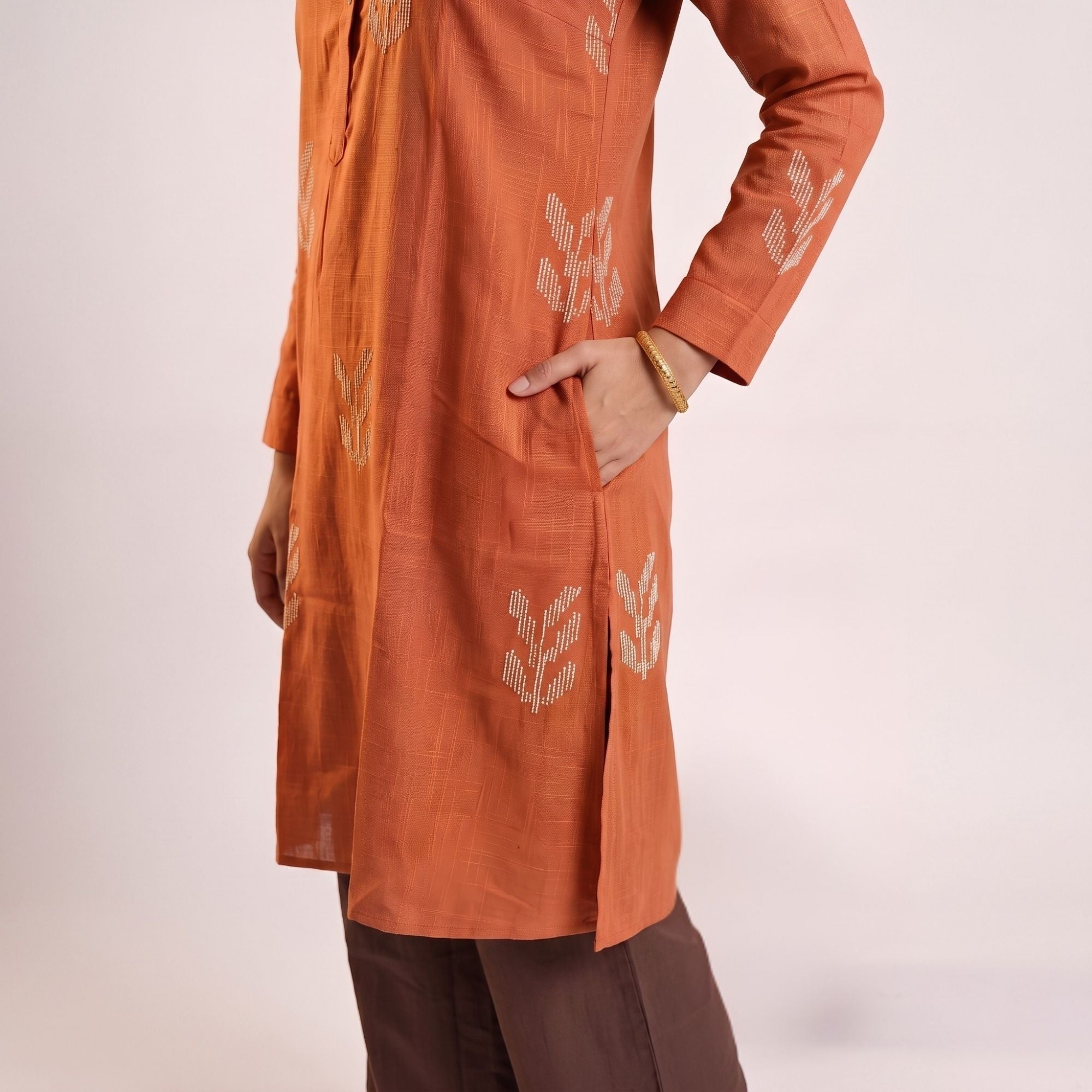 Sofia Set Of 2 - Pleated Tunic & Long-Leg Pants - Orange & Coffee With Embroidery