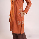 Sofia Set Of 2 - Pleated Tunic & Long-Leg Pants - Orange & Coffee With Embroidery