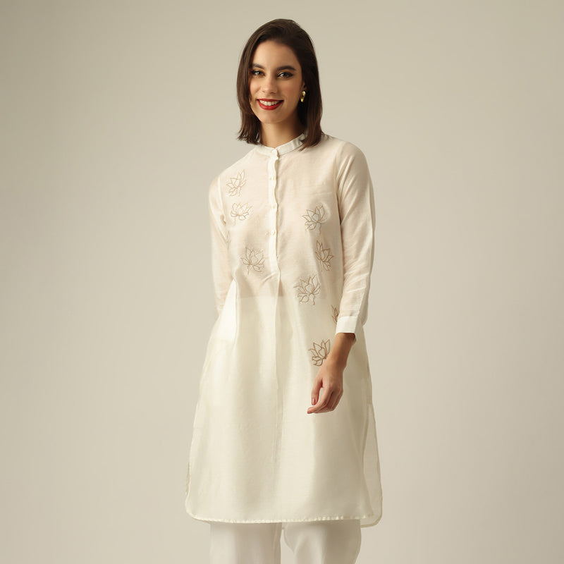 Women Pearl White Chanderi Silk Pleated Tunic  | Hand-Embroidered Lotus Motif