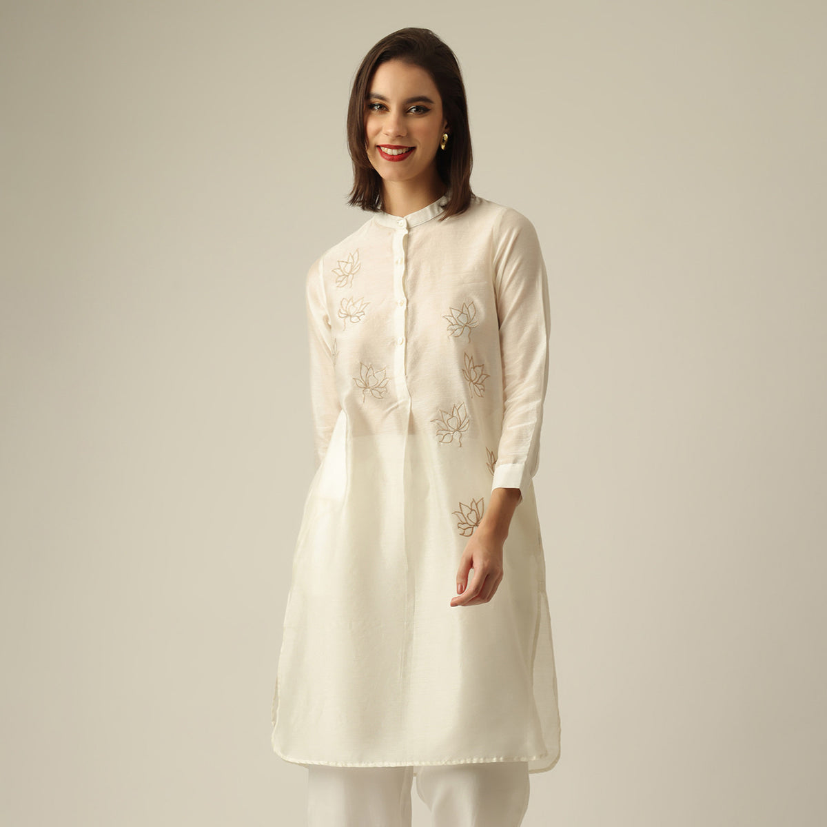 Women Pearl White Chanderi Silk Pleated Tunic  | Hand-Embroidered Lotus Motif