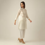 Women Pearl White Chanderi Silk Pleated Tunic  | Hand-Embroidered Lotus Motif