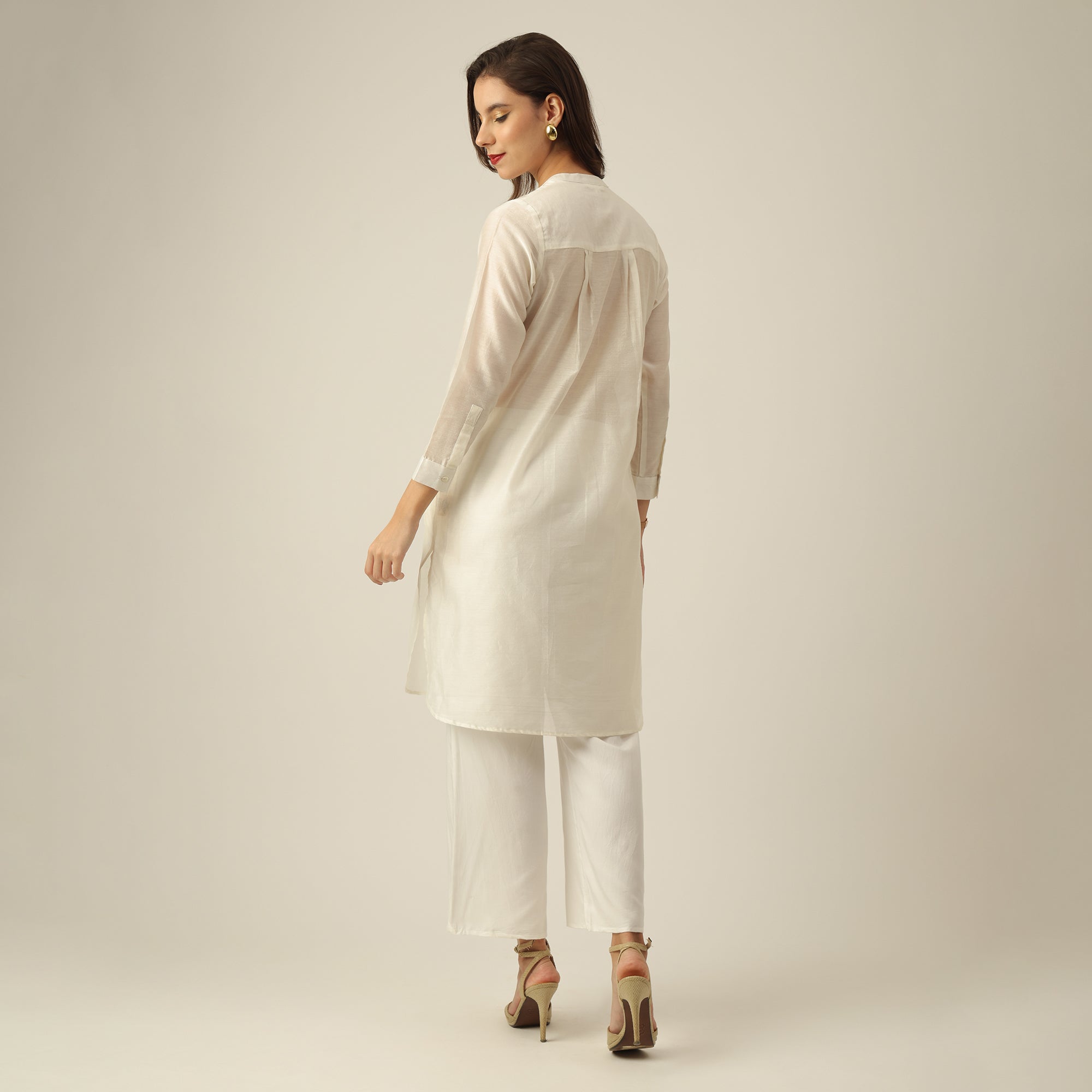 Women Pearl White Chanderi Silk Pleated Tunic  | Hand-Embroidered Lotus Motif