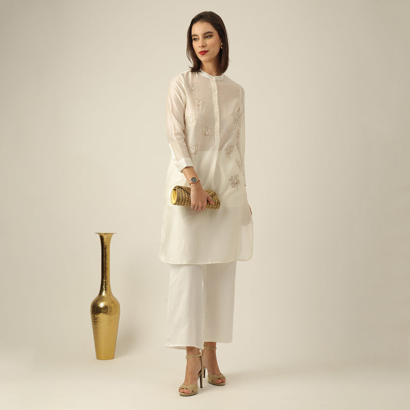 Women Pearl White Chanderi Silk Pleated Tunic  | Hand-Embroidered Lotus Motif