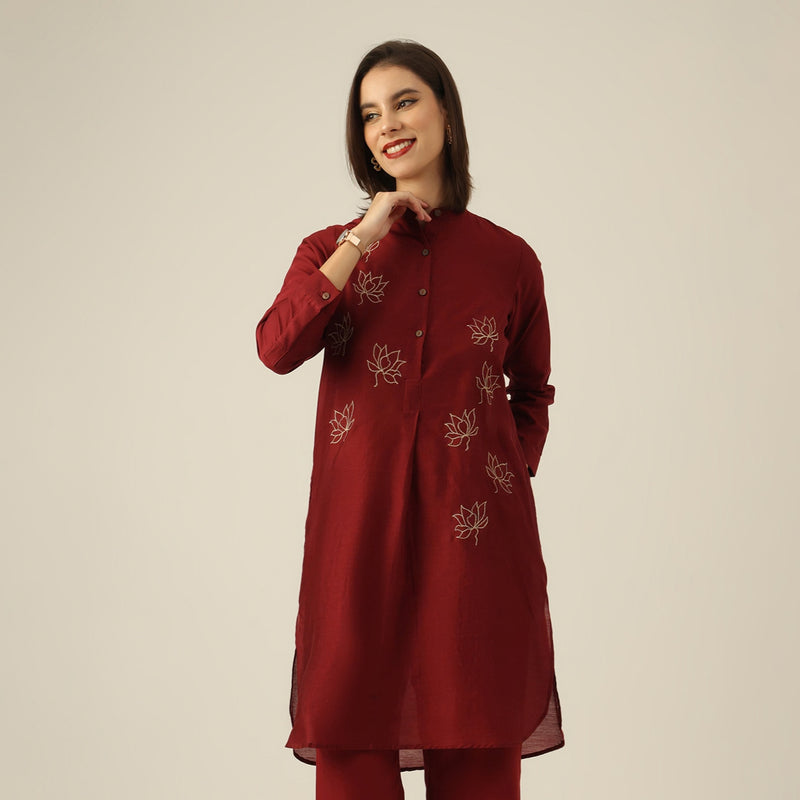 Women Maroon Chanderi Silk Pleated Tunic  | Hand-Embroidered Lotus Motif