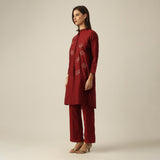 Women Maroon Chanderi Silk Pleated Tunic  | Hand-Embroidered Lotus Motif