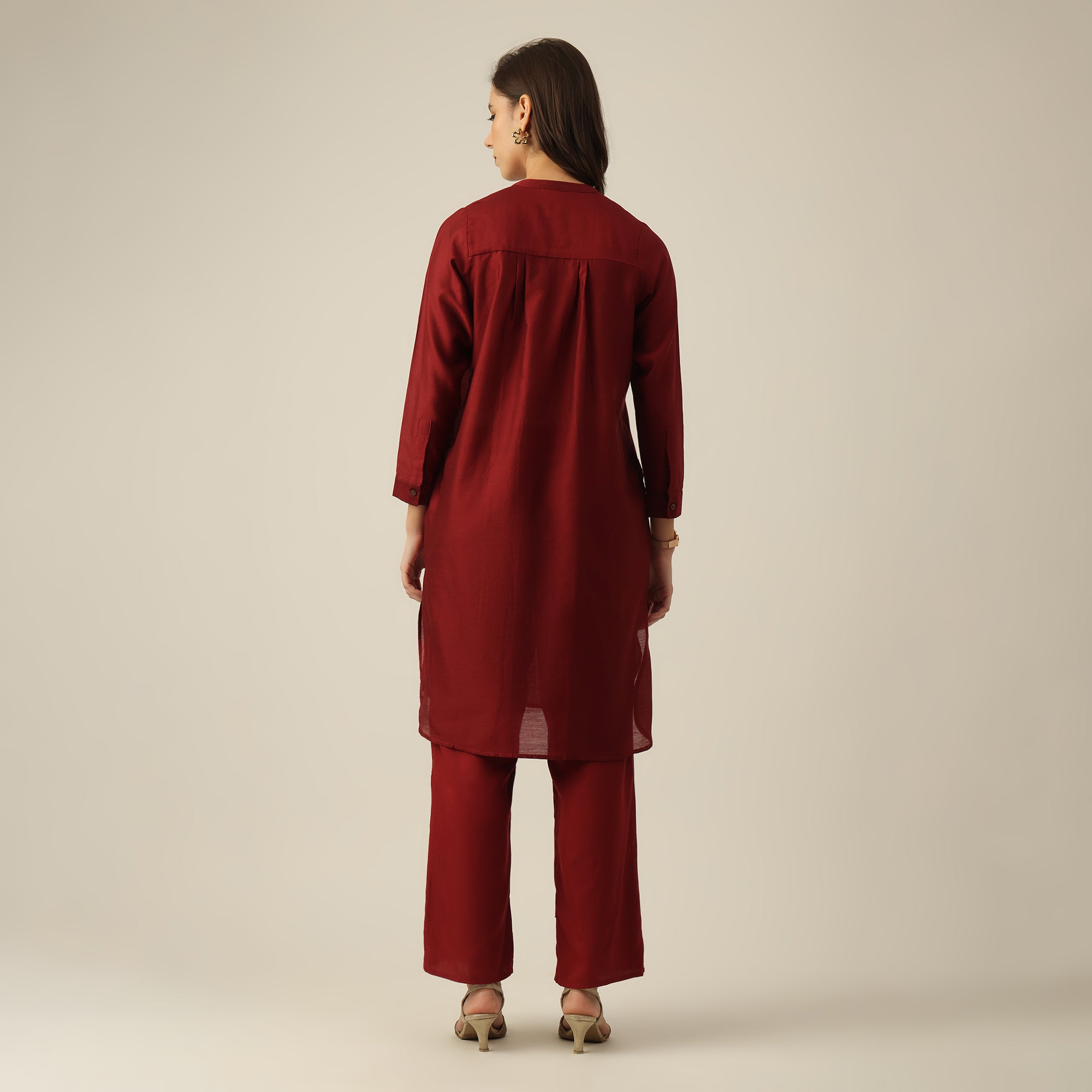 Women Maroon Chanderi Silk Pleated Tunic  | Hand-Embroidered Lotus Motif