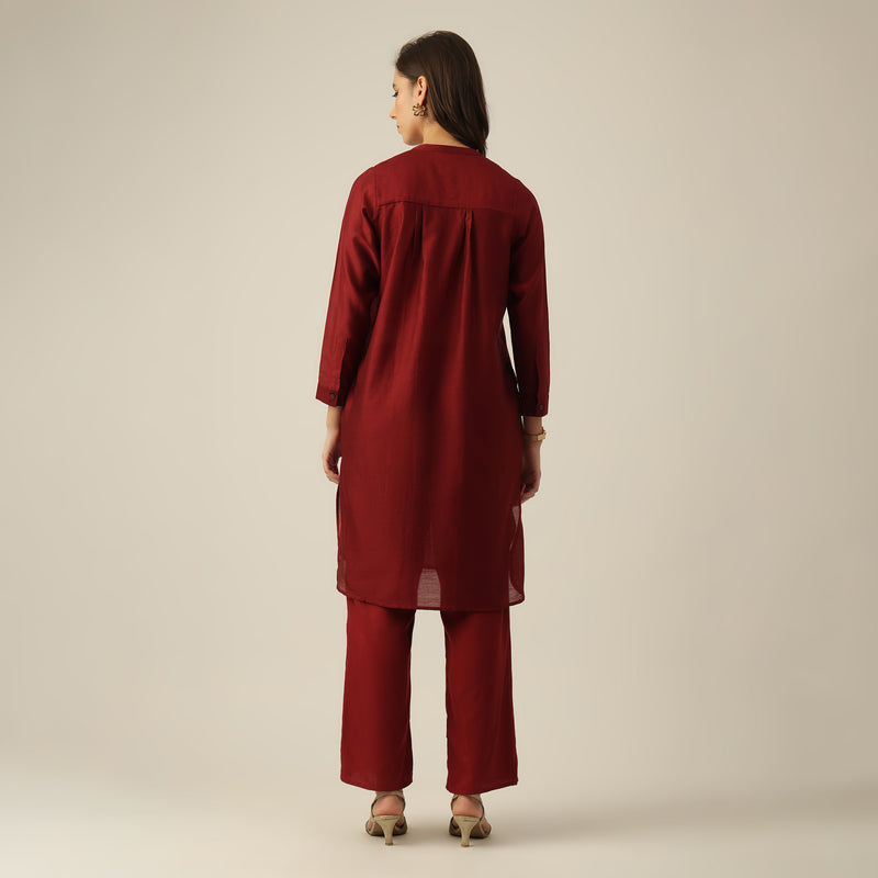 Women Maroon Chanderi Silk Pleated Tunic  | Hand-Embroidered Lotus Motif