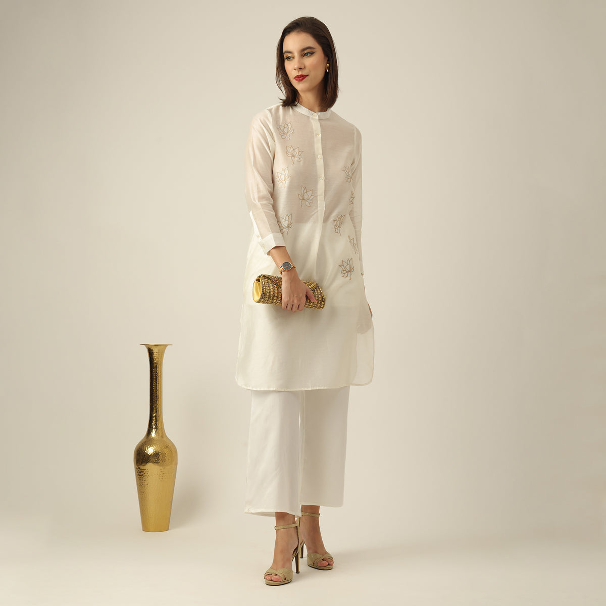 Long Tunic with Lotus Hand Embroidery & Pants Co-ord set - Pearl White Chanderi Silk