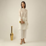 Long Tunic with Lotus Hand Embroidery & Pants Co-ord set - Pearl White Chanderi Silk