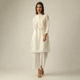 Long Tunic with Lotus Hand Embroidery & Pants Co-ord set - Pearl White Chanderi Silk
