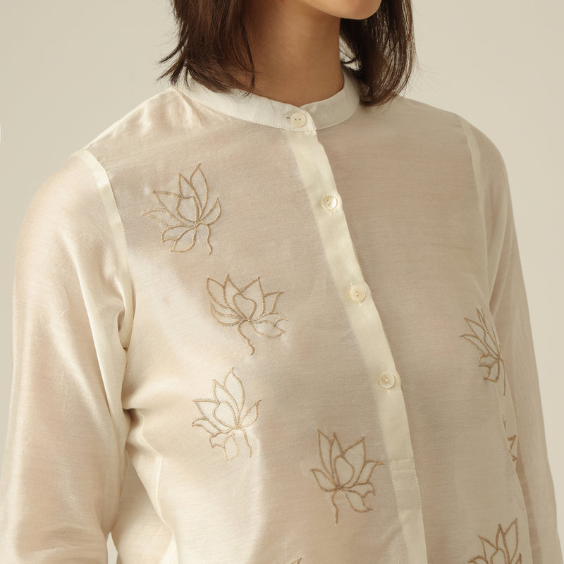 Women Pearl White Chanderi Silk  Long Tunic with Lotus Hand Embroidery & Pants Co-ord set