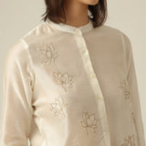 Long Tunic with Lotus Hand Embroidery & Pants Co-ord set - Pearl White Chanderi Silk