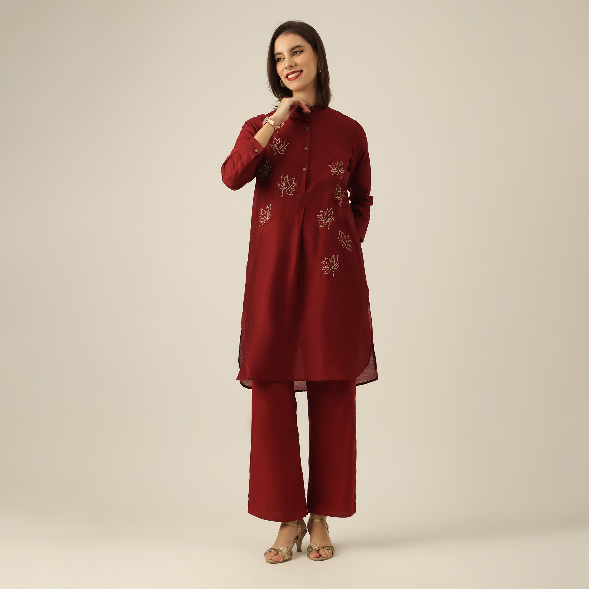 Women Maroon Chanderi Silk  Long Tunic with Lotus Hand Embroidery & Pants Co-ord set