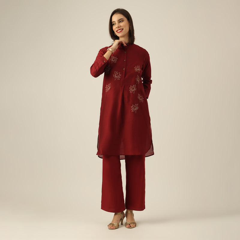 Women Maroon Chanderi Silk  Long Tunic with Lotus Hand Embroidery & Pants Co-ord set