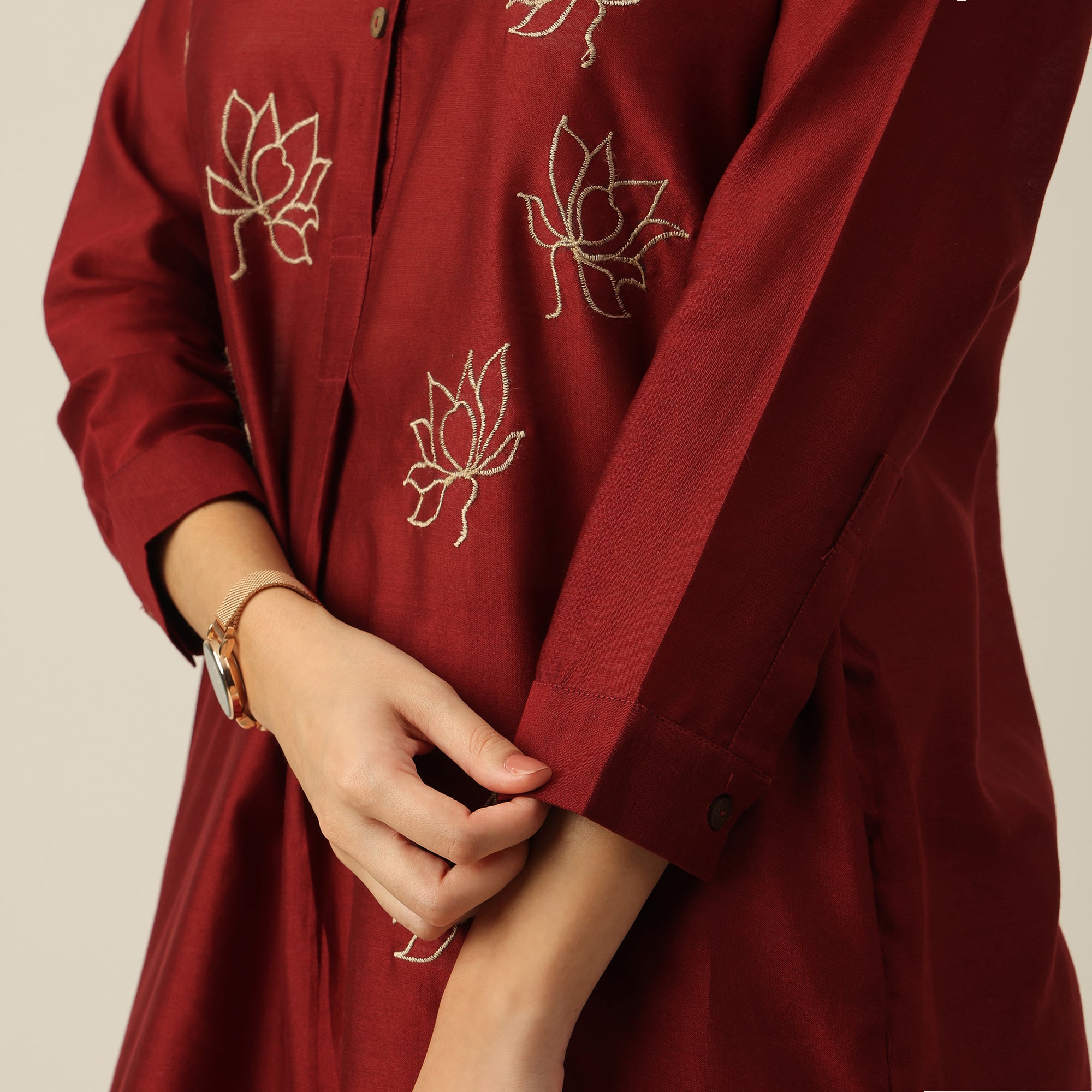 Women Maroon Chanderi Silk  Long Tunic with Lotus Hand Embroidery & Pants Co-ord set