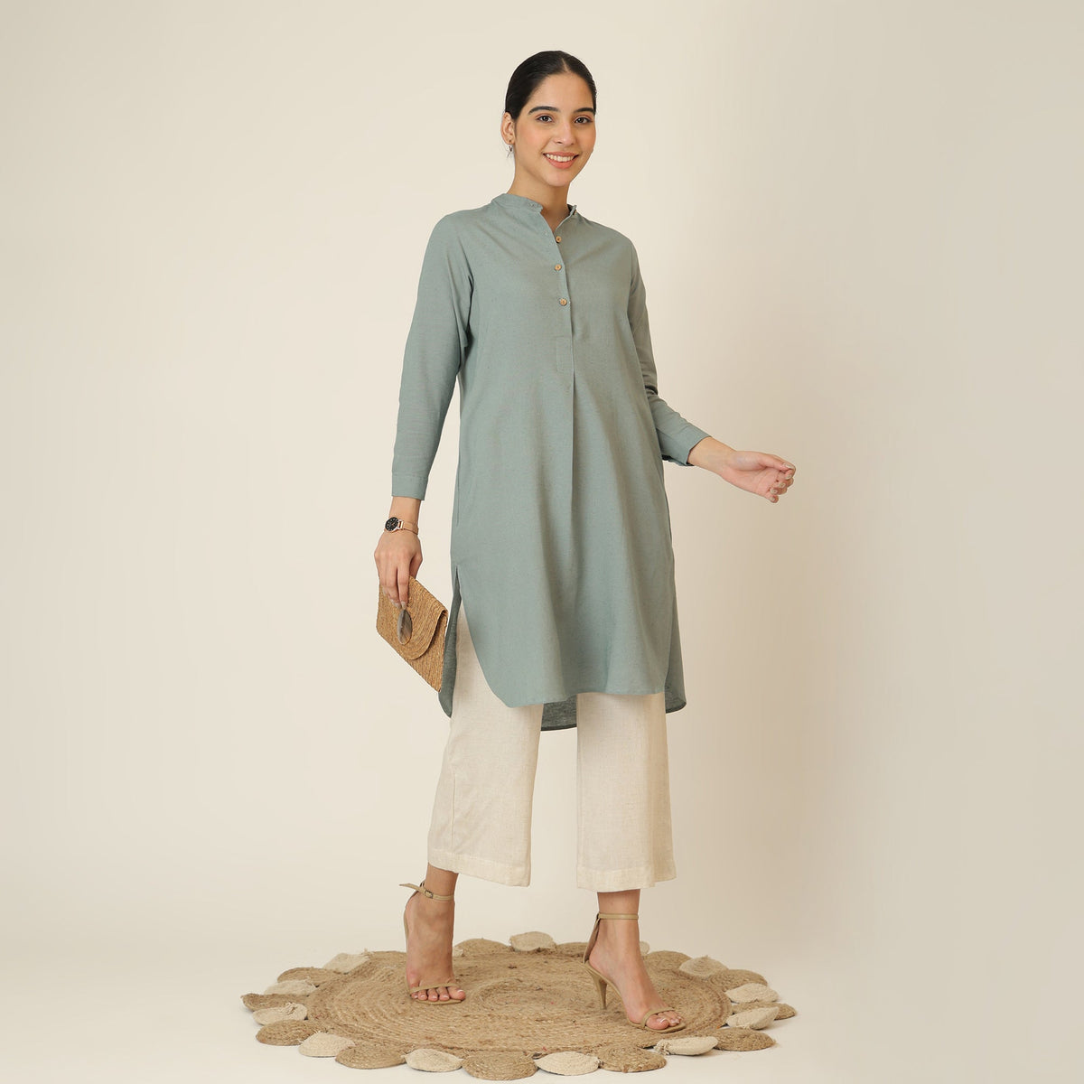Sofia Set Of 2 - Pleated Tunic & Long-Leg Pants - Agave Green & Beige
