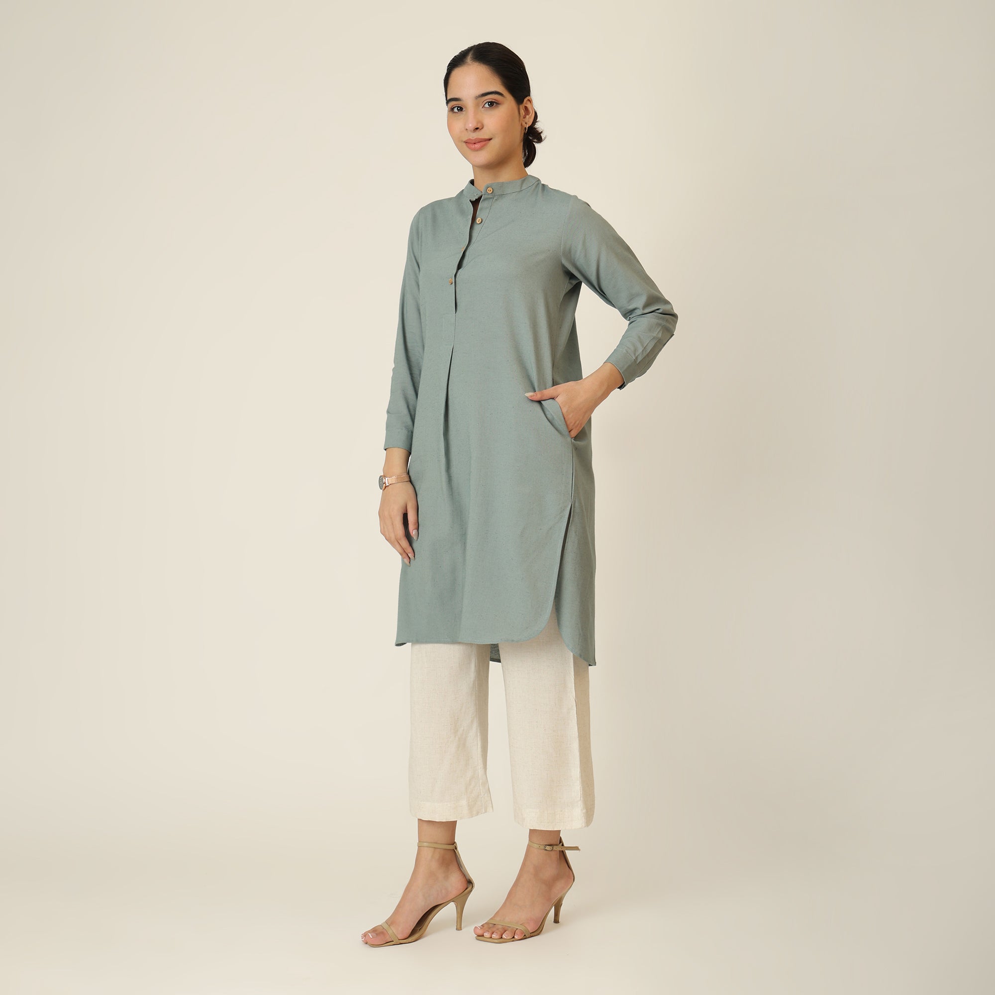 Sofia Set Of 2 - Pleated Tunic & Long-Leg Pants - Agave Green & Beige