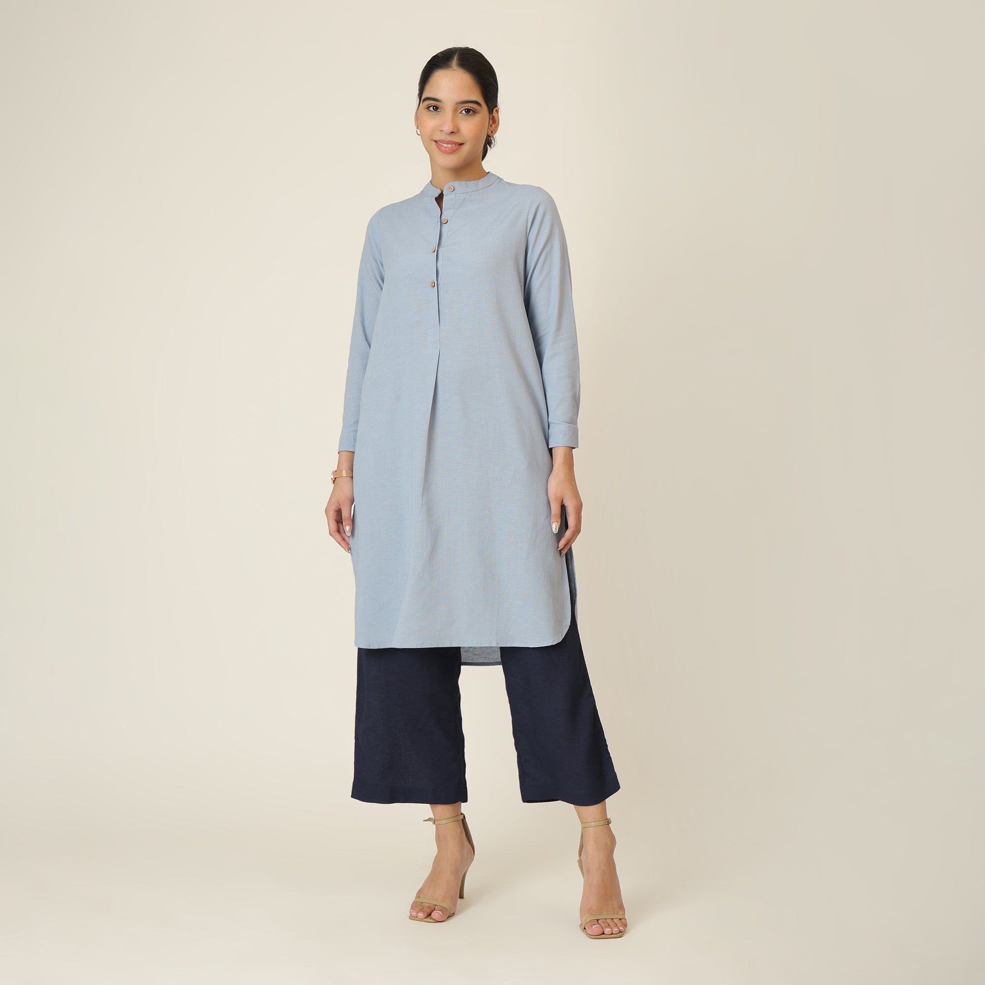 Sofia Set Of 2 - Pleated Tunic & Long-Leg Pants - Dusty Blue & Navy Blue