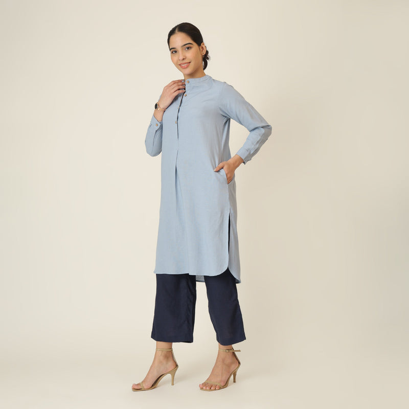 Sofia Set Of 2 - Pleated Tunic & Long-Leg Pants - Dusty Blue & Navy Blue