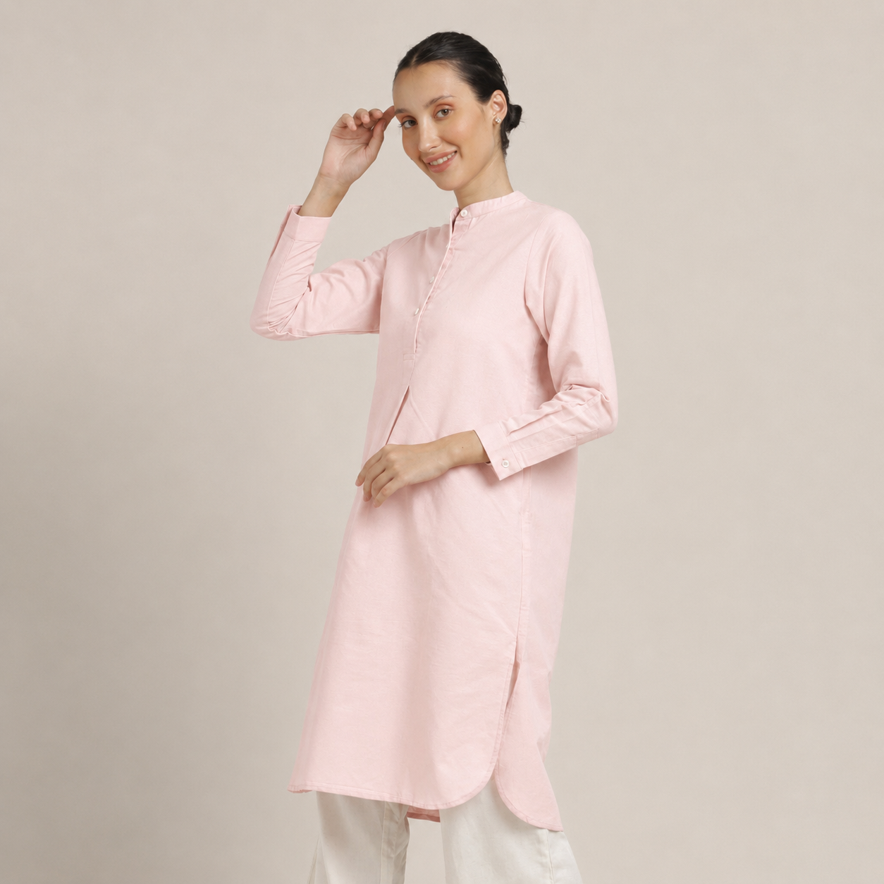 Sofia Set Of 2 - Pleated Tunic & Long-Leg Pants - Pastel Pink & Ecru