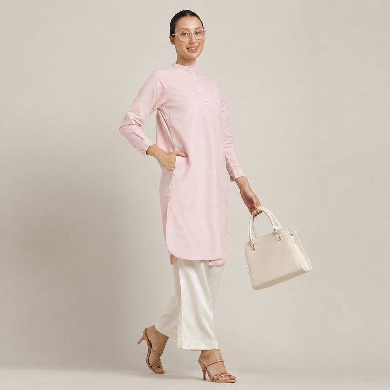 Sofia Set Of 2 - Pleated Tunic & Long-Leg Pants - Pastel Pink & Ecru