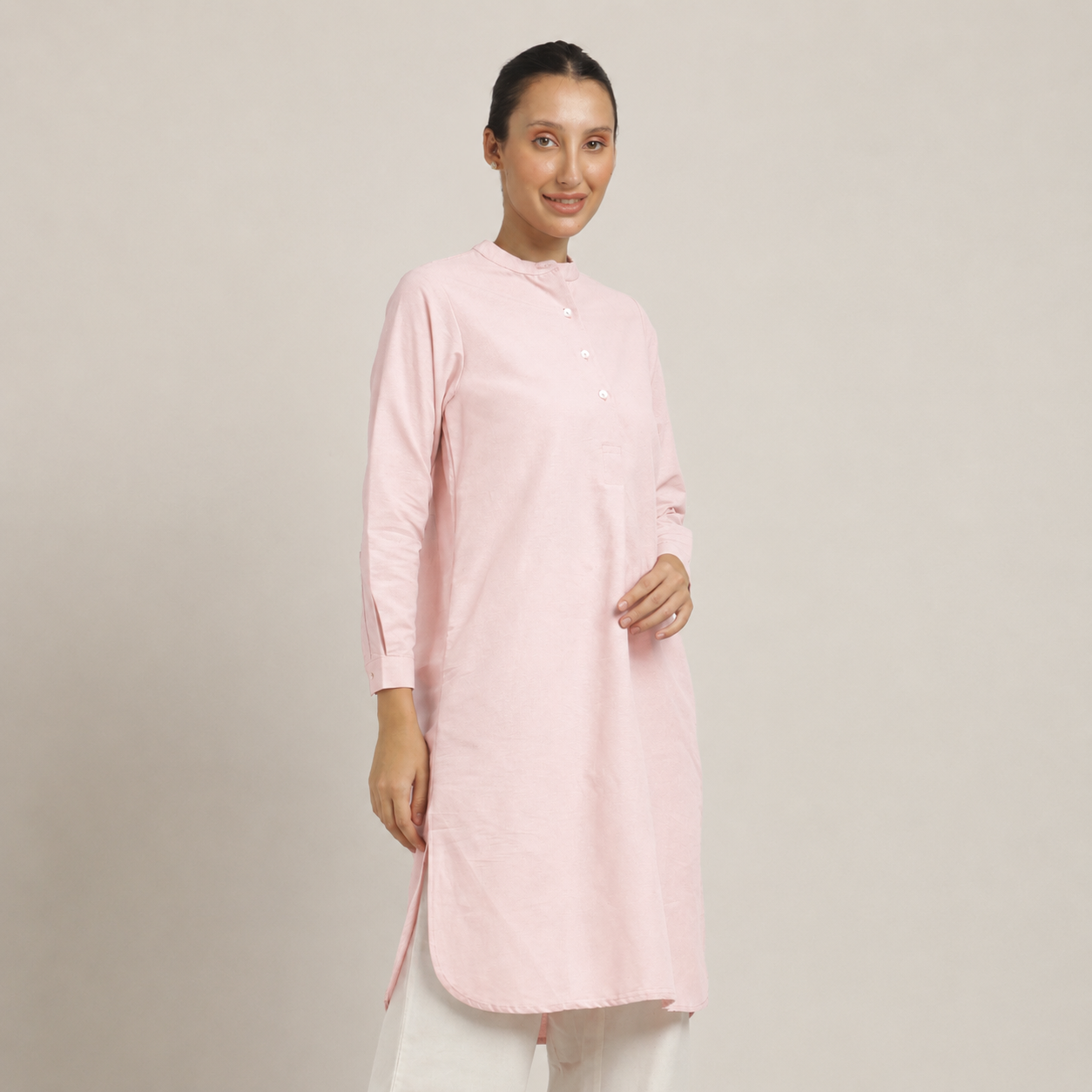 Sofia Set Of 2 - Pleated Tunic & Long-Leg Pants - Pastel Pink & Ecru