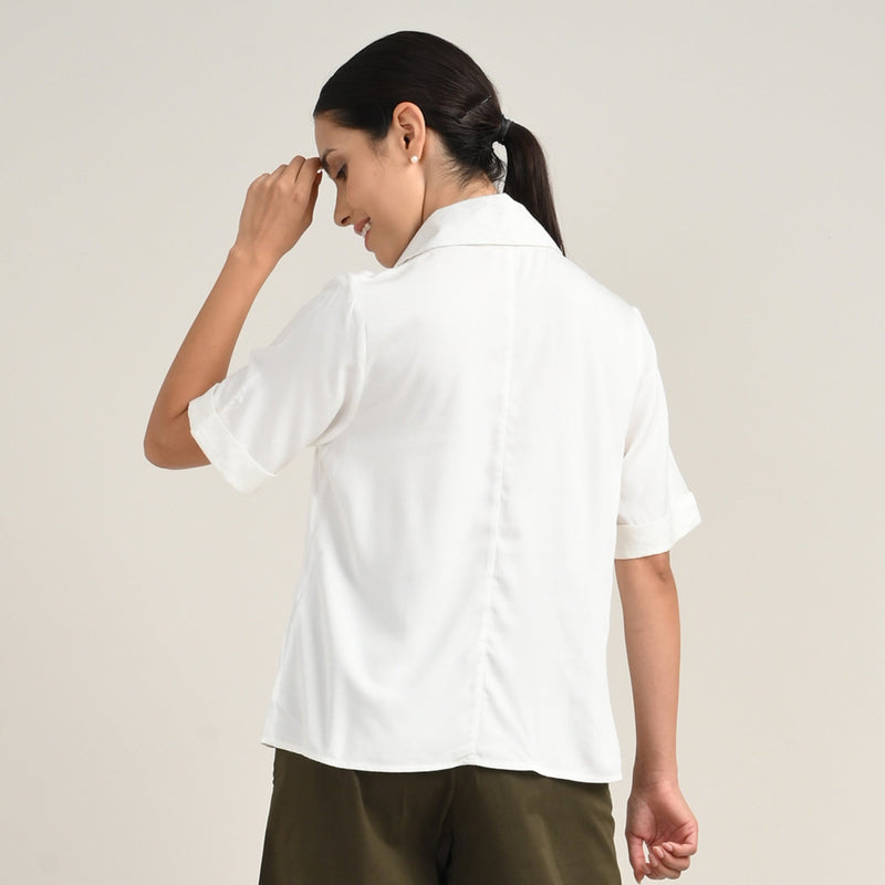 Betsy Set Of 2 - Extended Collar Top & Wide-Leg Cropped Chinos - Ecru & Olive Green
