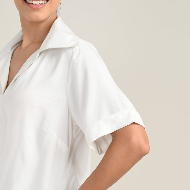 Betsy V-Neck Extended Collar Top - Ecru