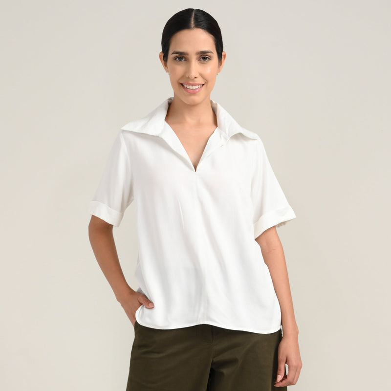 Betsy Set Of 2 - Extended Collar Top & Wide-Leg Cropped Chinos - Ecru & Olive Green