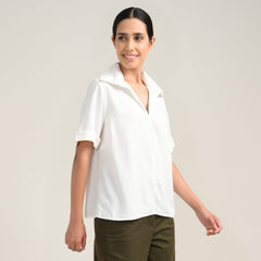 Betsy V-Neck Extended Collar Top - Ecru
