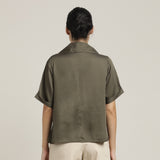Betsy Set Of 2 - Extended Collar Top & Wide-Leg Cropped Chinos - Olive Green & Beige