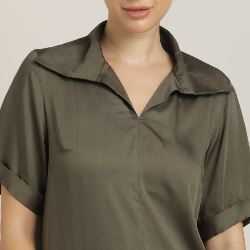 Betsy V-Neck Extended Collar Top - Olive Green