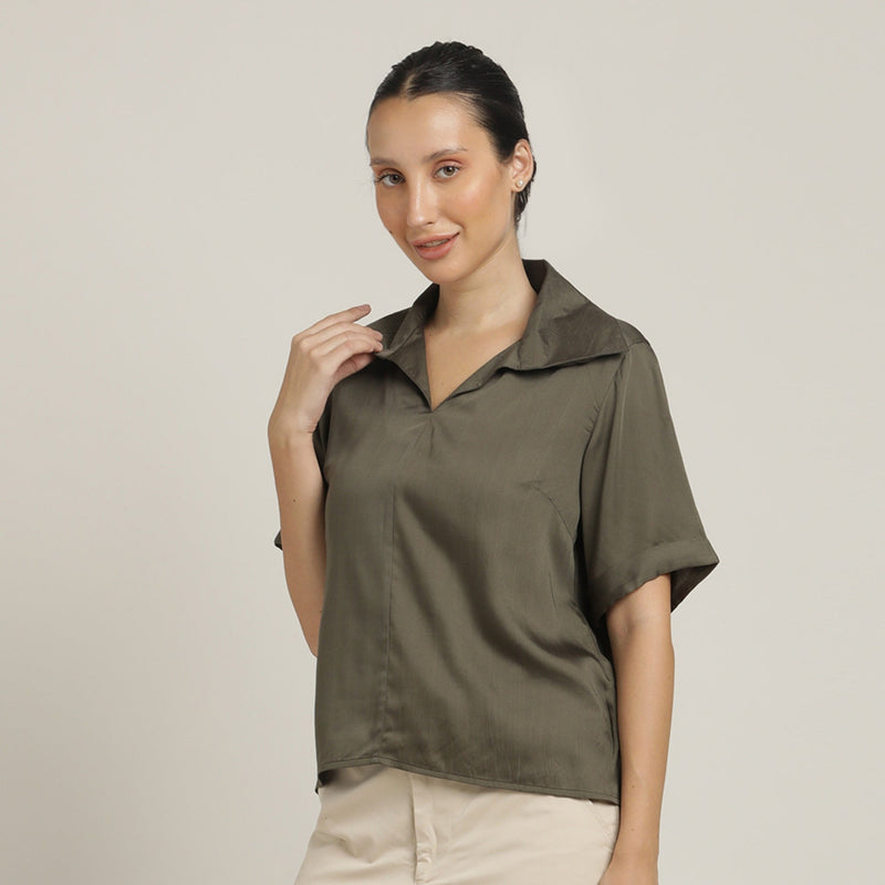 Betsy V-Neck Extended Collar Top - Olive Green