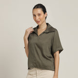 Betsy V-Neck Extended Collar Top - Olive Green