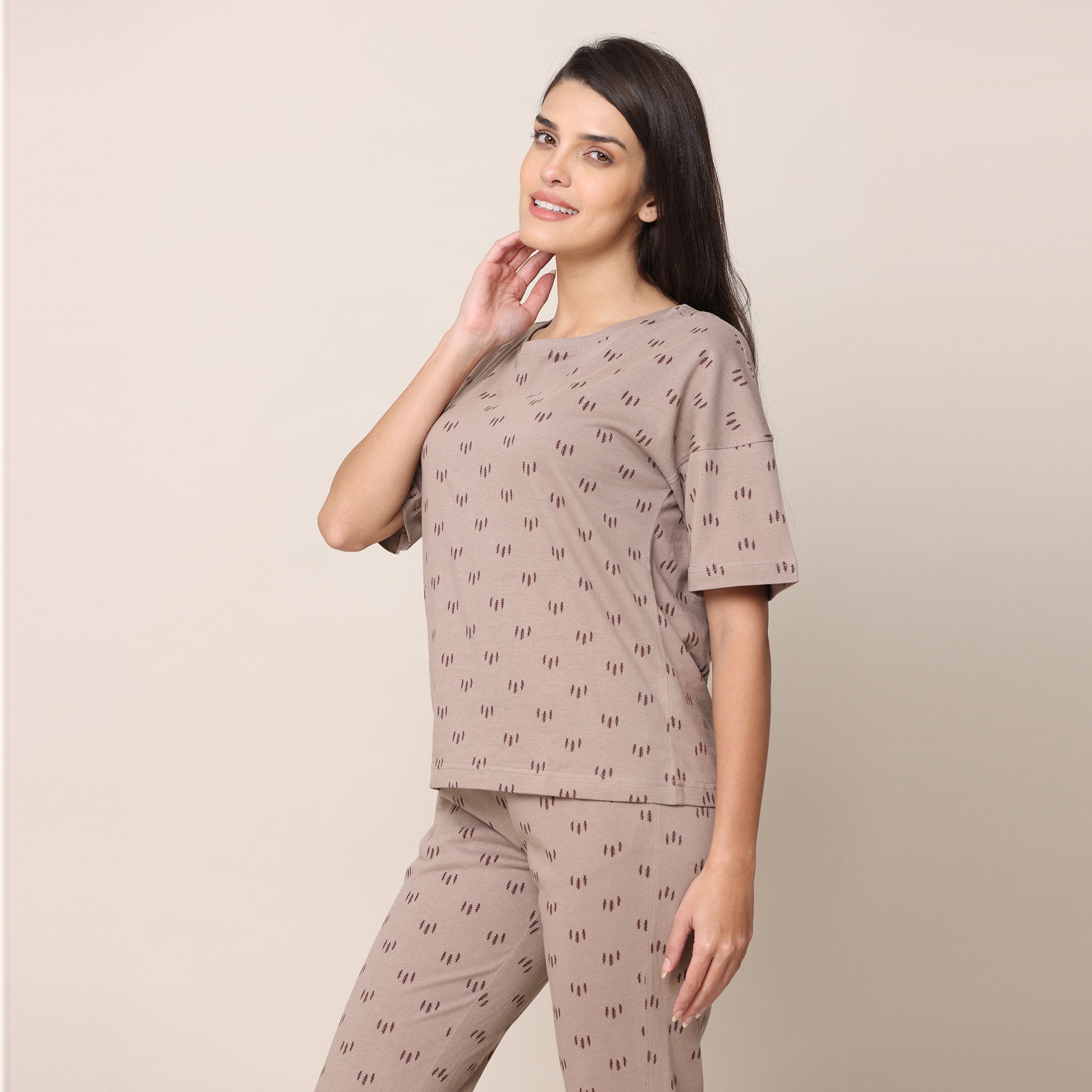 Oversized Pajama Top - Taupe With All Over Pine Tree Print