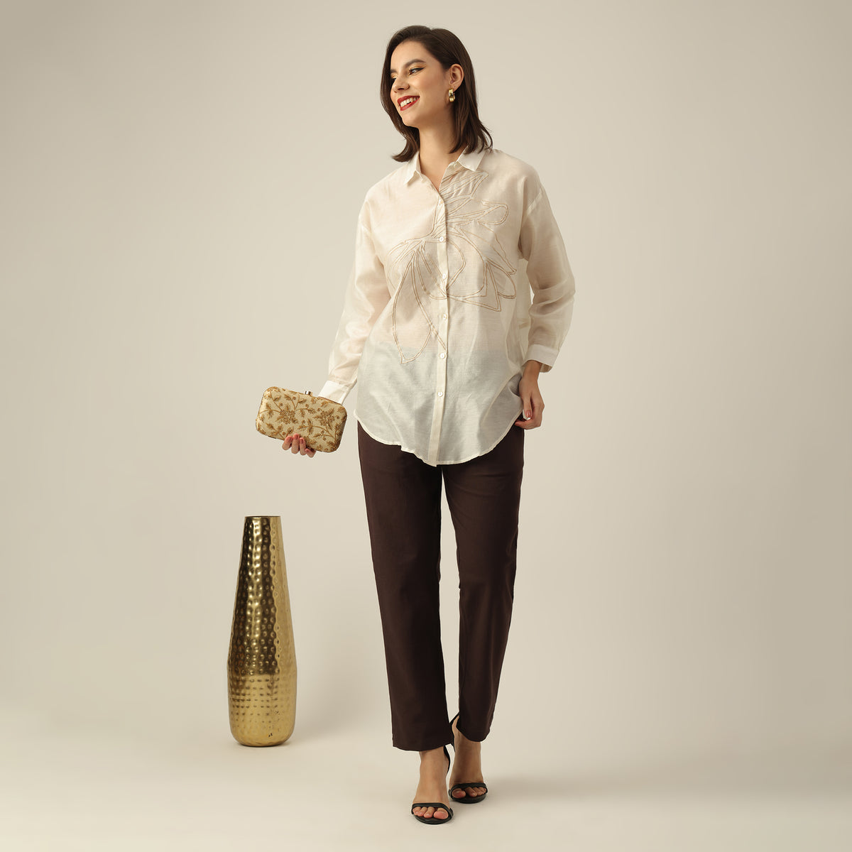 Women Pearl White Chanderi Silk Oversized Shirt with Lotu Hand Embroidery & Tapered Pants Co-ord Set