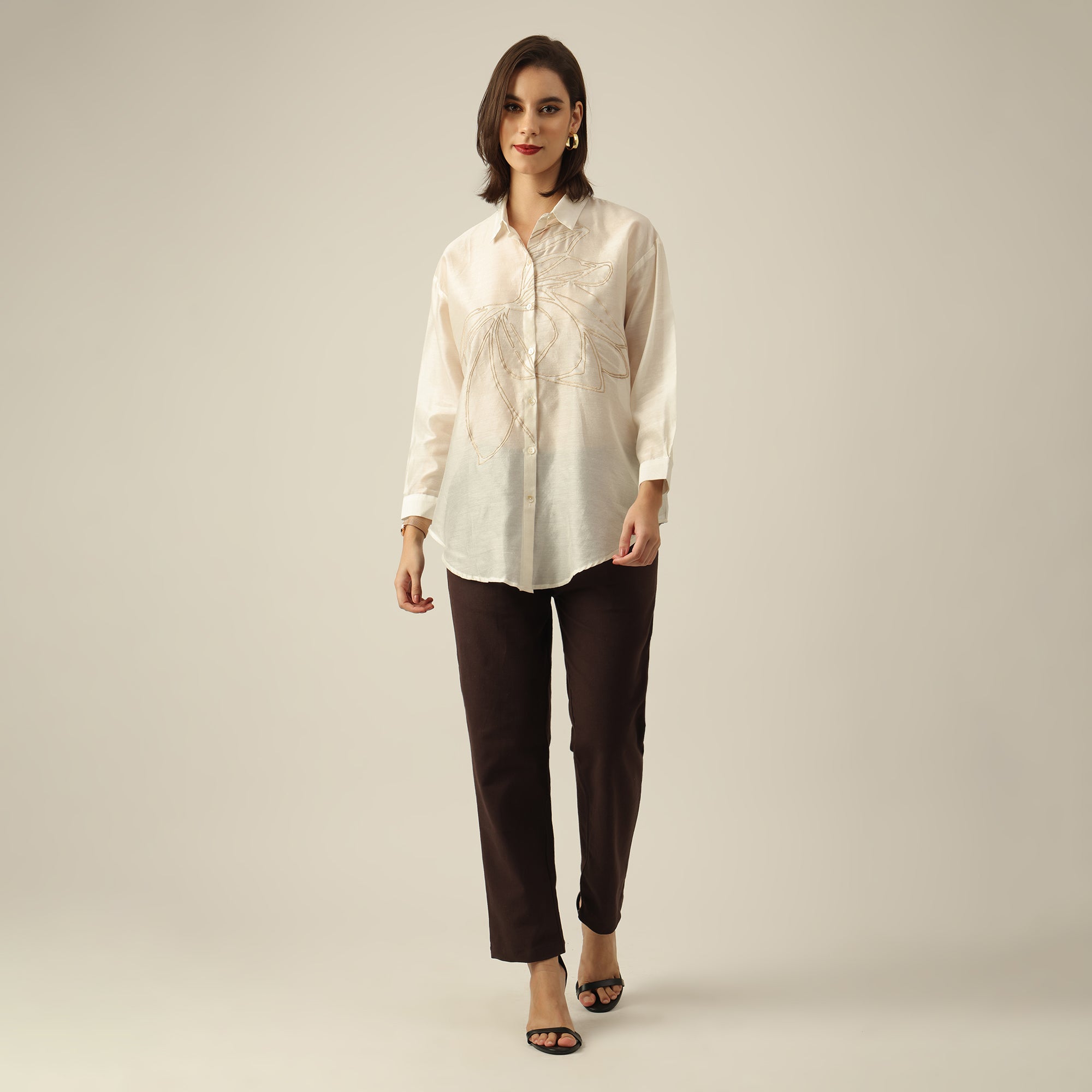 Women Pearl White Chanderi Silk Oversized Shirt with Lotu Hand Embroidery & Tapered Pants Co-ord Set