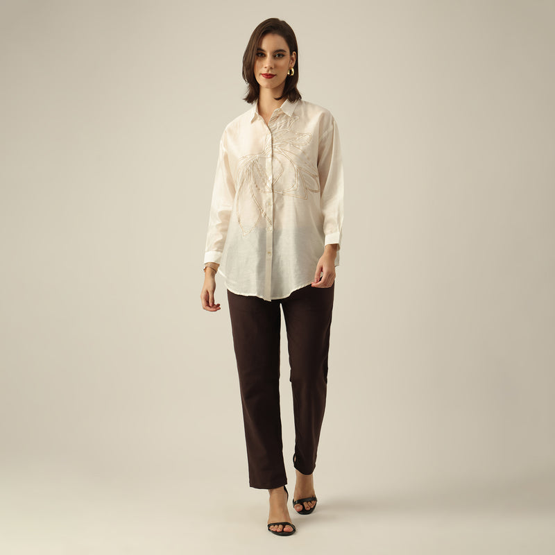 Women Pearl White Chanderi Silk Oversized Shirt with Lotu Hand Embroidery & Tapered Pants Co-ord Set