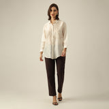 Women Pearl White Chanderi Silk Oversized Shirt with Lotu Hand Embroidery & Tapered Pants Co-ord Set