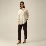 Women Pearl White Chanderi Silk Oversized Shirt with Lotu Hand Embroidery & Tapered Pants Co-ord Set