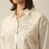 Women Pearl White Chanderi Silk Oversized Shirt with Lotu Hand Embroidery & Tapered Pants Co-ord Set